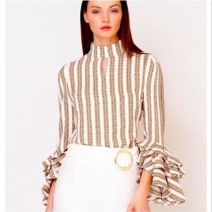 Gracia Chain Print Ruffle Sleeve Blouse White Striped Nwt Size Large